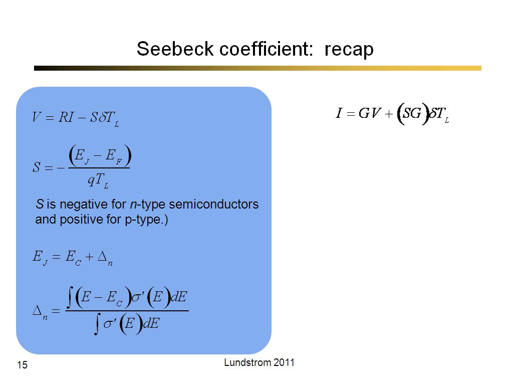Seebeck coefficient:  recap
