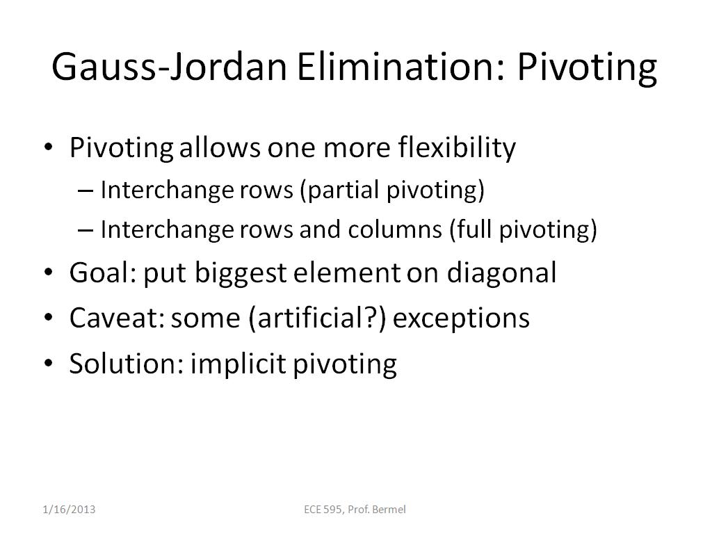 Gauss-Jordan Elimination: Pivoting