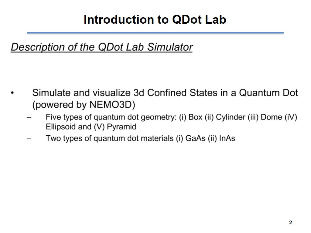 Descriptoin of the QDot Lab Simulator
